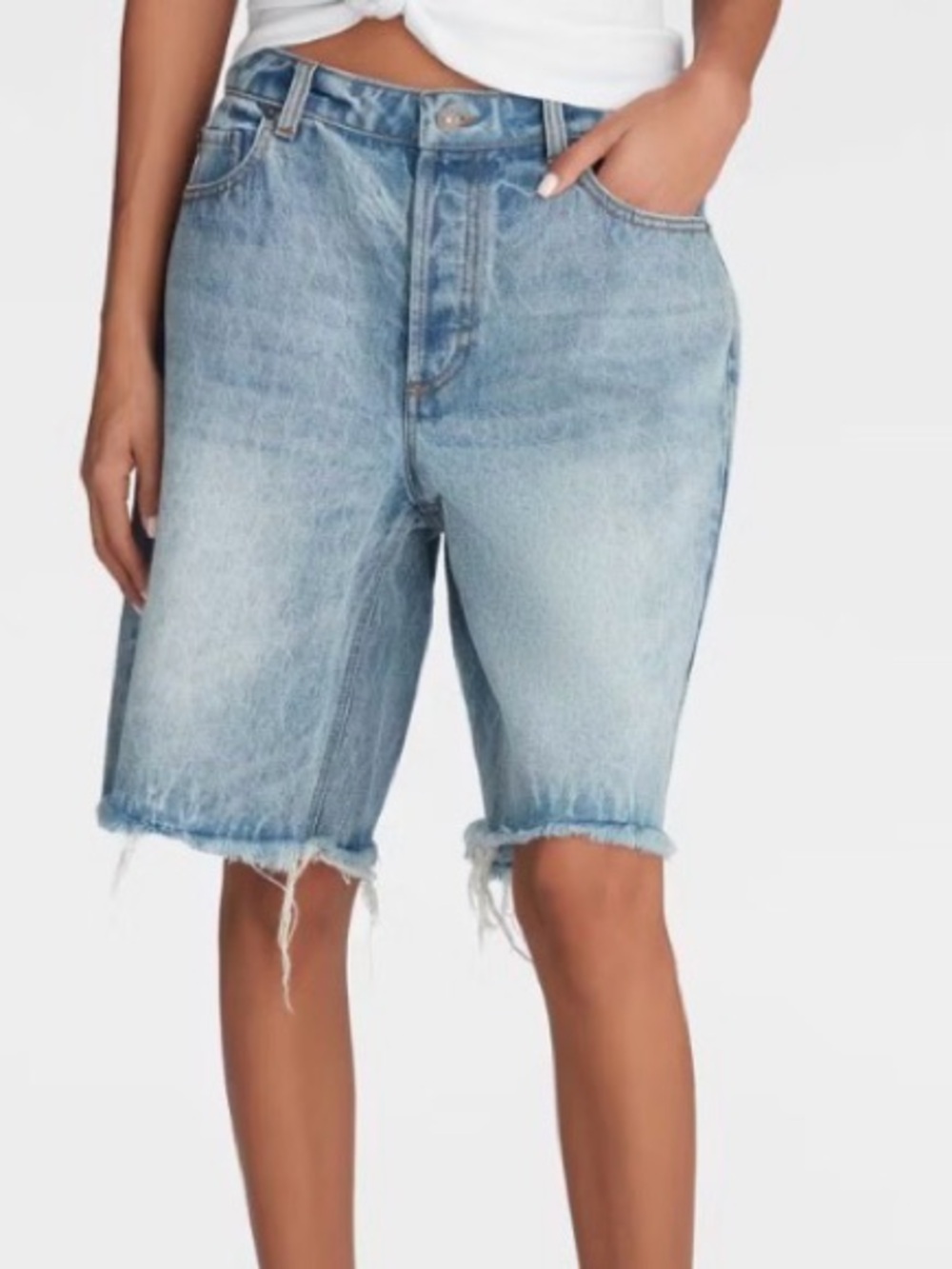 Frayed Hem Light Blue Denim Bermuda Shorts